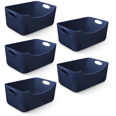 KEPLIN 5 stuks marineblauwe plastic opbergmand, draagbare containerdozen met handgrepen voor opslag in huis en kantoor, planken, laden, keuken en kasten (marineblauw, pak van 5) KEPLIN 5 stuks marineblauwe plastic opbergmand, draagbare containerdozen met handgrepen voor opslag in huis en kantoor, planken, laden, keuken en kasten (marineblauw, pak van 5)