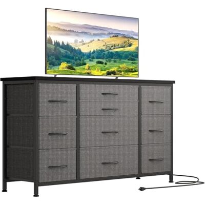 Zstar Commode voor slaapkamer met laden, metalen frame, tv-kast van stof met 3 stopcontacten, moderne decoratie, houten tafelblad, commode met 10 laden voor slaapkamer, woonkamer, grijs Zstar Commode voor slaapkamer met laden, metalen frame, tv-kast van stof met 3 stopcontacten, moderne decoratie, houten tafelblad, commode met 10 laden voor slaapkamer, woonkamer, grijs