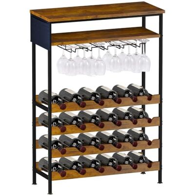Shally Dogan Wijnrek met 24 vakken voor wijnflessen, 10 theelichthouders en 1 plank, industrieel wijnrek voor bar met stalen frame en planken van hout, 66 x 30 x 100 cm Shally Dogan Wijnrek met 24 vakken voor wijnflessen, 10 theelichthouders en 1 plank, industrieel wijnrek voor bar met stalen frame en planken van hout, 66 x 30 x 100 cm