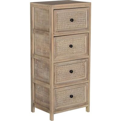DRW Rechthoekige houten commode met 4 lades van vlechtwerk en pawlonia, natuurlijke afwerking, 40 x 30 x 94 cm DRW Rechthoekige houten commode met 4 lades van vlechtwerk en pawlonia, natuurlijke afwerking, 40 x 30 x 94 cm