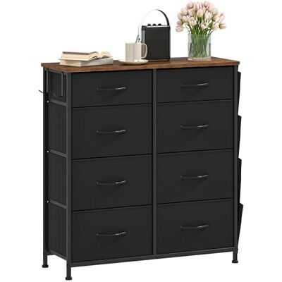 DWVO Ladekast met 8 laden, stoffen lades met zijzak en haken, gemakkelijk te trekken, stevig stalen frame voor slaapkamer, woonkamer, zwart DWVO Ladekast met 8 laden, stoffen lades met zijzak en haken, gemakkelijk te trekken, stevig stalen frame voor slaapkamer, woonkamer, zwart
