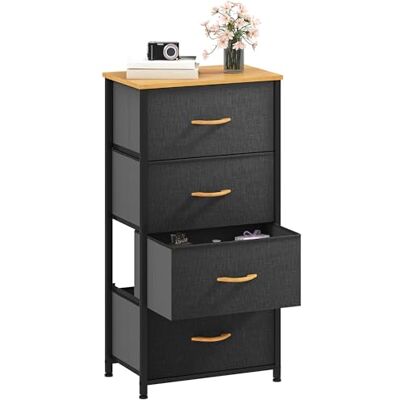 DWVO Ladecommode, 4 stoffen laden slaapkamerkast, dressoir voor slaapkamer, woonkamer met handgrepen, houten bovenkant en stevig stalen frame, donkergrijs DWVO Ladecommode, 4 stoffen laden slaapkamerkast, dressoir voor slaapkamer, woonkamer met handgrepen, houten bovenkant en stevig stalen frame, donkergrijs