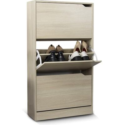 BAKAJI Schoenenrek van MDF-hout met 3 deuren, inklapbare schoenenhouder, intrekbare handgrepen, dubbele diepte, compact formaat, smal, 63 x 24 x 115 cm, ruimtebesparend, entree (Ulm) BAKAJI Schoenenrek van MDF-hout met 3 deuren, inklapbare schoenenhouder, intrekbare handgrepen, dubbele diepte, compact formaat, smal, 63 x 24 x 115 cm, ruimtebesparend, entree (Ulm)