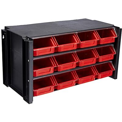 Tayg Rek met stapelbare sorteerder van kunststof, 12 laden, kleur zwart/rood, eenheidsmaat Tayg Rek met stapelbare sorteerder van kunststof, 12 laden, kleur zwart/rood, eenheidsmaat