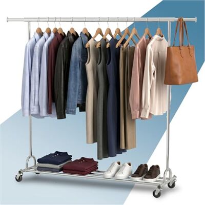 PORTENTUM Robuuste kledingstang uitschuifbaar met wielen en remmen, belastbaar tot 130 kg, kledingrek, stalen frame, 45 x 160-200 x 161,5 cm, met onderste legplank, snelle montage PORTENTUM Robuuste kledingstang uitschuifbaar met wielen en remmen, belastbaar tot 130 kg, kledingrek, stalen frame, 45 x 160-200 x 161,5 cm, met onderste legplank, snelle montage