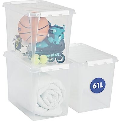 SmartStore 66L grote plastic opbergdozen met deksel, 3 stuks, versterkt, helder, 10 jaar, voedselveilig, clip vergrendeld, stapelbaar en nestbaar, 59 x 39 x 43 cm (l x b x h) SmartStore 66L grote plastic opbergdozen met deksel, 3 stuks, versterkt, helder, 10 jaar, voedselveilig, clip vergrendeld, stapelbaar en nestbaar, 59 x 39 x 43 cm (l x b x h)