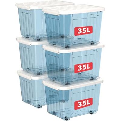 Cetomo 35L x 6 opbergdozen met wielen, plastic opbergdoos met deksel, vergrendelingsgespen, kliksluiting, stapelbaar, nesten, duurzame organizer voor thuiskantoorkleding, transparant, 35L-6 stuks Cetomo 35L x 6 opbergdozen met wielen, plastic opbergdoos met deksel, vergrendelingsgespen, kliksluiting, stapelbaar, nesten, duurzame organizer voor thuiskantoorkleding, transparant, 35L-6 stuks