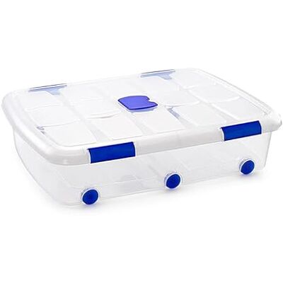 DRW Opbergdoos onder het bed van pvc, transparant, met deksel en wielen en mottenbescherming, 56 liter, 60 x 80 x 18 cm DRW Opbergdoos onder het bed van pvc, transparant, met deksel en wielen en mottenbescherming, 56 liter, 60 x 80 x 18 cm