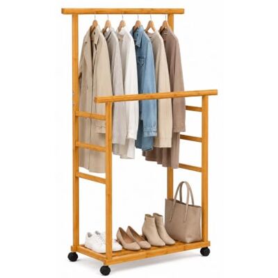 Relaxdays kledingrek met wieltjes, bamboe, 2 kledingstangen, schoenenplank, HxBxD: 148 x 80 x 36 cm, naturel Relaxdays kledingrek met wieltjes, bamboe, 2 kledingstangen, schoenenplank, HxBxD: 148 x 80 x 36 cm, naturel
