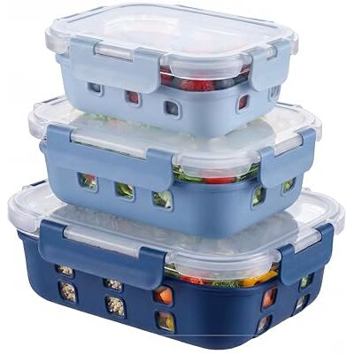 Amig Set van 3 Hermetische Glazen Opbergdozen 370ml, 640ml, 1050ml Transparant met Afneembare Siliconen Huls Geschikt voor Opslaan, Vervoeren en Verwarmen van Voedsel Mod. 800 Amig Set van 3 Hermetische Glazen Opbergdozen 370ml, 640ml, 1050ml Transparant met Afneembare Siliconen Huls Geschikt voor Opslaan, Vervoeren en Verwarmen van Voedsel Mod. 800