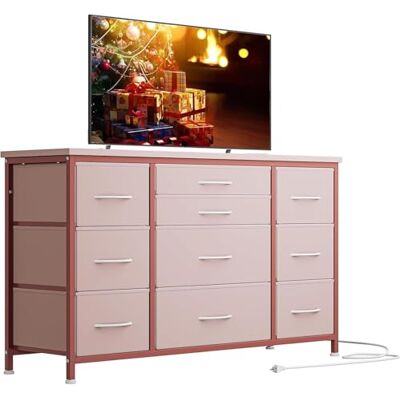 Zstar Commode voor slaapkamer met 10 laden, metalen frame, tv-kast van stof met 3 stopcontacten, moderne decoratie, houten tafelblad, commode voor slaapkamer, woonkamer, 120 x 39 x 70 cm, roze Zstar Commode voor slaapkamer met 10 laden, metalen frame, tv-kast van stof met 3 stopcontacten, moderne decoratie, houten tafelblad, commode voor slaapkamer, woonkamer, 120 x 39 x 70 cm, roze