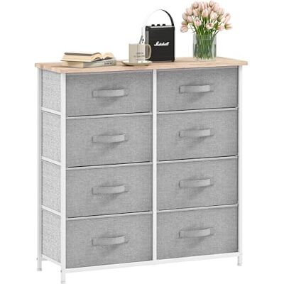 DWVO Ladecommode, stoffen ladekast slaapkamerkast met 8 laden, dressoir voor slaapkamer, woonkamer met handgrepen, houten bovenkant en stevig stalen frame, lichtgrijs DWVO Ladecommode, stoffen ladekast slaapkamerkast met 8 laden, dressoir voor slaapkamer, woonkamer met handgrepen, houten bovenkant en stevig stalen frame, lichtgrijs
