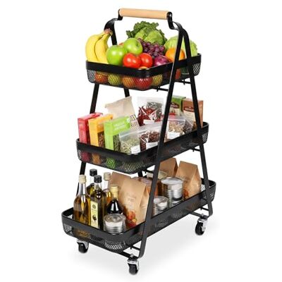 Relaxdays rolwagen, 3 niveaus, metaal, houten grip, HxBxD: 84,5 x 57 x 31 cm, 4 wielen, keuken, badkamer, zwart Relaxdays rolwagen, 3 niveaus, metaal, houten grip, HxBxD: 84,5 x 57 x 31 cm, 4 wielen, keuken, badkamer, zwart