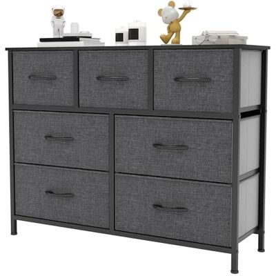 YITAHOME Brede ladekast met 7 laden, stoffen dressoirs met gemakkelijk trekhandvat, stevig stalen frame, opbergladen voor slaapkamer, kast, zwart grijs YITAHOME Brede ladekast met 7 laden, stoffen dressoirs met gemakkelijk trekhandvat, stevig stalen frame, opbergladen voor slaapkamer, kast, zwart grijs