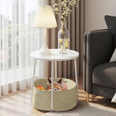 FurnitureR Ronde banktafel met stoffen mand, opslag voor woonkamer, slaapkamer, nachtkastje, moderne stijl met wit MDF, metalen frame, 45 x 45 x 50,5 cm FurnitureR Ronde banktafel met stoffen mand, opslag voor woonkamer, slaapkamer, nachtkastje, moderne stijl met wit MDF, metalen frame, 45 x 45 x 50,5 cm