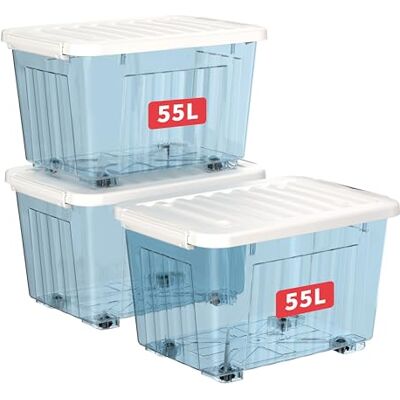 Cetomo 55L x 3 opbergdozen met wielen, plastic opbergdoos met deksel, vergrendelende gespen, kliksluiting, stapelbaar, nesten, duurzame organizer voor thuiskantoorkleding, transparant, 55 l, 3 stuks Cetomo 55L x 3 opbergdozen met wielen, plastic opbergdoos met deksel, vergrendelende gespen, kliksluiting, stapelbaar, nesten, duurzame organizer voor thuiskantoorkleding, transparant, 55 l, 3 stuks