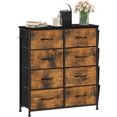 DWVO Ladekast met 8 laden, stoffen lades met zijvak en haken, gemakkelijk te trekken, stevig stalen frame, houten bovenplaat voor slaapkamer, woonkamer, rustiek bruin DWVO Ladekast met 8 laden, stoffen lades met zijvak en haken, gemakkelijk te trekken, stevig stalen frame, houten bovenplaat voor slaapkamer, woonkamer, rustiek bruin