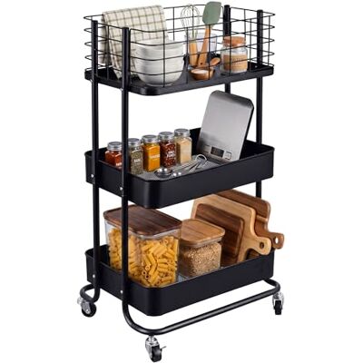 Relaxdays rolwagen, HxBxD: 77 x 45 x 34 cm, metaal, 3 etages, zwart rolrek voor bad, keuken & kantoor, multifunctioneel Relaxdays rolwagen, HxBxD: 77 x 45 x 34 cm, metaal, 3 etages, zwart rolrek voor bad, keuken & kantoor, multifunctioneel