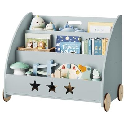 WOLTU Kinderboekenkast van hout, speelgoedrek met 3 niveaus, organiseren voor boeken met wielen voor kinderkamer, grijs WOLTU Kinderboekenkast van hout, speelgoedrek met 3 niveaus, organiseren voor boeken met wielen voor kinderkamer, grijs