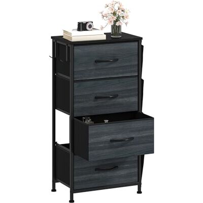 DWVO Smalle ladekast met 4 laden, stoffen lades met zijzakken en haken, gemakkelijk te trekken, stevig stalen frame voor slaapkamer, woonkamer, houtskoolzwarte houtnerf DWVO Smalle ladekast met 4 laden, stoffen lades met zijzakken en haken, gemakkelijk te trekken, stevig stalen frame voor slaapkamer, woonkamer, houtskoolzwarte houtnerf