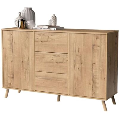 MUEBLES PITARCH Commode, woonkamer, buffet, bijzetmeubel, 2 deuren en 3 laden, eiken, goud, 89 x 140 x 40 cm, eetkamer, keuken, kantoor, push of knop, modern, Scandinavisch, model Oslo MUEBLES PITARCH Commode, woonkamer, buffet, bijzetmeubel, 2 deuren en 3 laden, eiken, goud, 89 x 140 x 40 cm, eetkamer, keuken, kantoor, push of knop, modern, Scandinavisch, model Oslo