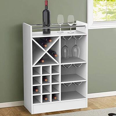 BAKAJI Meubels voor hoek, wijnrek, sterke drank, houten frame, kelder met bovenkant voor 20 flessenhouders en 3 etages voor kelk, rek van metaal (wit) BAKAJI Meubels voor hoek, wijnrek, sterke drank, houten frame, kelder met bovenkant voor 20 flessenhouders en 3 etages voor kelk, rek van metaal (wit)