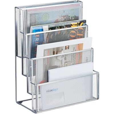 Relaxdays tijdschriftenrek staal, 4 vakken, brieven organizer bureau, H x B x D: ca. 43x33x18 cm, magazinehouder, zilver Relaxdays tijdschriftenrek staal, 4 vakken, brieven organizer bureau, H x B x D: ca. 43x33x18 cm, magazinehouder, zilver