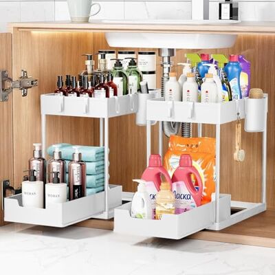 KOOSREEL Opslag onder de gootsteen, 2 etages, organizer onder de gootsteen, uittrekbare lade, keukenrek, kruidenrek, multifunctionele opbergmand voor badkamer, wit, 2 stuks KOOSREEL Opslag onder de gootsteen, 2 etages, organizer onder de gootsteen, uittrekbare lade, keukenrek, kruidenrek, multifunctionele opbergmand voor badkamer, wit, 2 stuks