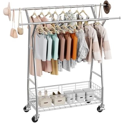 VEVOR Kledingrek, kledingrek met 2 ophangstangen en opbergmand, draagvermogen 150 kg, uittrekbare kledingrekken van koolstofstaal met wielen voor slaapkamer, wasruimte, woonkamer VEVOR Kledingrek, kledingrek met 2 ophangstangen en opbergmand, draagvermogen 150 kg, uittrekbare kledingrekken van koolstofstaal met wielen voor slaapkamer, wasruimte, woonkamer
