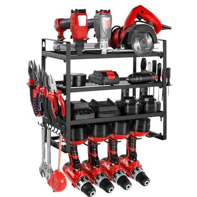 VEVOR Power Tool Organizer Wandmontage, 4-laags opbergrek met 4 boorhouders, gereedschapshouder en opbergrek met schroevendraaierhouder, garagegereedschaporganizer voor garage, werkbank en werkplaats VEVOR Power Tool Organizer Wandmontage, 4-laags opbergrek met 4 boorhouders, gereedschapshouder en opbergrek met schroevendraaierhouder, garagegereedschaporganizer voor garage, werkbank en werkplaats