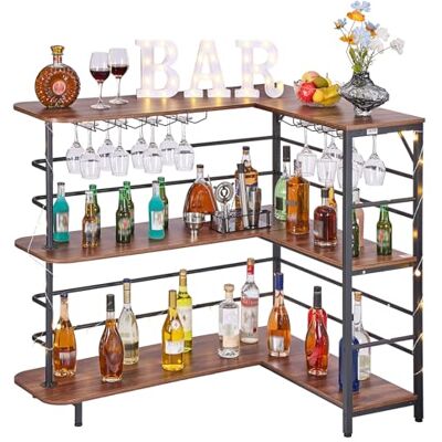 VEVOR Bar voor huis in L-vorm, barkast met planken, verstelbare poten, ledlicht, metalen frame, kast voor sterke drank in de hoek voor keuken en woonkamer VEVOR Bar voor huis in L-vorm, barkast met planken, verstelbare poten, ledlicht, metalen frame, kast voor sterke drank in de hoek voor keuken en woonkamer
