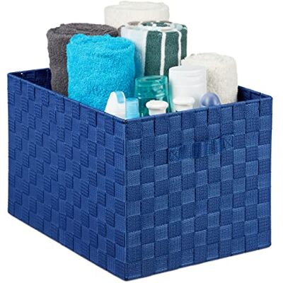 Relaxdays Opbergmand met handvat, kunststof, vlechtlook, H x B x D: 26 x 40 x 30 cm, badkamermand, blauw, 26 x 30 x 40 cm Relaxdays Opbergmand met handvat, kunststof, vlechtlook, H x B x D: 26 x 40 x 30 cm, badkamermand, blauw, 26 x 30 x 40 cm