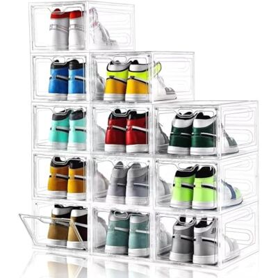 INSTY Opbergdozen voor schoenen, stapelbare doorzichtige dozen met deuren, organizercontainers voor sneakers geschikt voor Amerikaanse mannen/damesmaat 12 (34 x 24,9 x 18 cm) INSTY Opbergdozen voor schoenen, stapelbare doorzichtige dozen met deuren, organizercontainers voor sneakers geschikt voor Amerikaanse mannen/damesmaat 12 (34 x 24,9 x 18 cm)