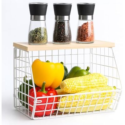 Relaxdays wandrek voor fruit en opbergbank, metalen mand, 30x21x20 cm, wit/naturel Relaxdays wandrek voor fruit en opbergbank, metalen mand, 30x21x20 cm, wit/naturel