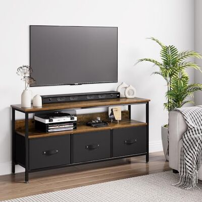 Zstar Tv-standaard, commode, mediaconsoletafel met 3 stoffen laden en open planken voor 55 inch televisie, verstelbare poten, metalen frame, comodetekast voor woonkamer, hal, slaapkamerdecoratie Zstar Tv-standaard, commode, mediaconsoletafel met 3 stoffen laden en open planken voor 55 inch televisie, verstelbare poten, metalen frame, comodetekast voor woonkamer, hal, slaapkamerdecoratie