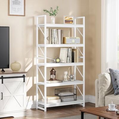 YITAHOME Boekenkast met 5 niveaus, industrieel boekenrek, grote vrijstaande boekenkast, houten rek en metalen frame, opbergrek voor woonkamer, thuiskantoor, zuiver wit YITAHOME Boekenkast met 5 niveaus, industrieel boekenrek, grote vrijstaande boekenkast, houten rek en metalen frame, opbergrek voor woonkamer, thuiskantoor, zuiver wit