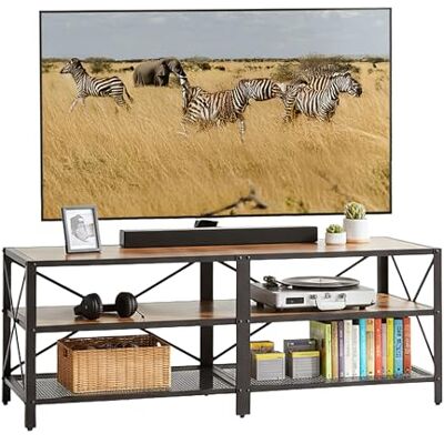 Relaxdays tv-lowboard met 4 vakken, open ontwerp tot 60 inch, 52x140x39 cm, bruin/zwart Relaxdays tv-lowboard met 4 vakken, open ontwerp tot 60 inch, 52x140x39 cm, bruin/zwart