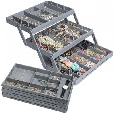 Wintem Organizer laden uittrekbaar op 3 niveaus met modulaire vakken, perfect als sieradenstandaard, organizer voor make-up en accessoires, opvouwbaar design, ruimtebesparend Wintem Organizer laden uittrekbaar op 3 niveaus met modulaire vakken, perfect als sieradenstandaard, organizer voor make-up en accessoires, opvouwbaar design, ruimtebesparend