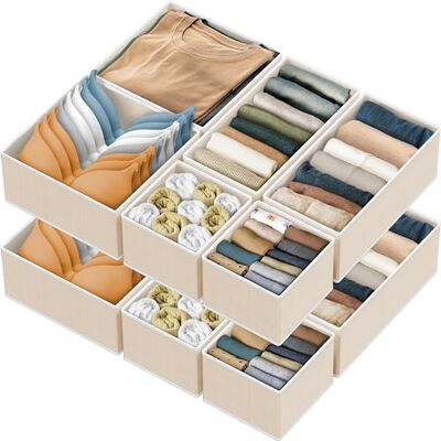 Simple Houseware Opvouwbare stoffen opbergdoos kast dressoir lade verdeler organizer mand bakken voor ondergoed bh's, beige (set van 12), BO-06G-I Simple Houseware Opvouwbare stoffen opbergdoos kast dressoir lade verdeler organizer mand bakken voor ondergoed bh's, beige (set van 12), BO-06G-I