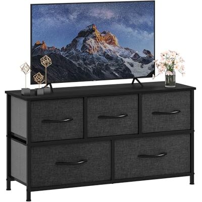 DWVO Commode, 5 stoffen laden slaapkamerkast, dressoir voor slaapkamer, woonkamer met handgrepen, houten bovenkant en stevig stalen frame, zwart grijs DWVO Commode, 5 stoffen laden slaapkamerkast, dressoir voor slaapkamer, woonkamer met handgrepen, houten bovenkant en stevig stalen frame, zwart grijs