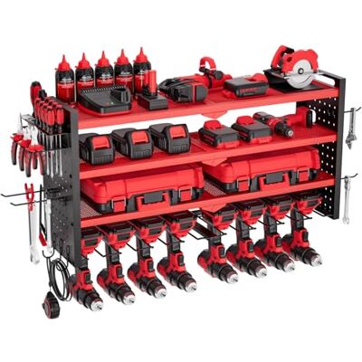 VEVOR Power Tool Organizer Wandmontage, 4-laags opbergrek met 8 boorhouders, gereedschapshouder en opbergrek met zijsteunborden, garage-gereedschapsorganizer voor garage, werkbank en werkplaats VEVOR Power Tool Organizer Wandmontage, 4-laags opbergrek met 8 boorhouders, gereedschapshouder en opbergrek met zijsteunborden, garage-gereedschapsorganizer voor garage, werkbank en werkplaats