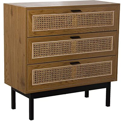 DRW Commode met 3 laden van MDF, rieten en metaal in natuur en zwart 80 x 35 x 80 cm DRW Commode met 3 laden van MDF, rieten en metaal in natuur en zwart 80 x 35 x 80 cm