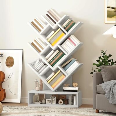 YITAHOME Boomboekenplank, bredere boomboekenkast, moderne houten boekenplank, industriële vrijstaande hoekplank voor boeken/films/cd's, smal displayrek voor woonkamer, thuiskantoor, hout YITAHOME Boomboekenplank, bredere boomboekenkast, moderne houten boekenplank, industriële vrijstaande hoekplank voor boeken/films/cd's, smal displayrek voor woonkamer, thuiskantoor, hout