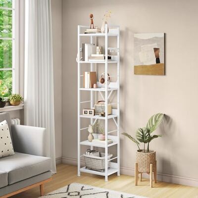 YITAHOME Boekenkast met 6 niveaus, industriële boekenplank, metalen frame en houten planken, hoge rekken met 4 haken, boekenrek en displayorganizer voor woonkamer, thuiskantoor, wit YITAHOME Boekenkast met 6 niveaus, industriële boekenplank, metalen frame en houten planken, hoge rekken met 4 haken, boekenrek en displayorganizer voor woonkamer, thuiskantoor, wit