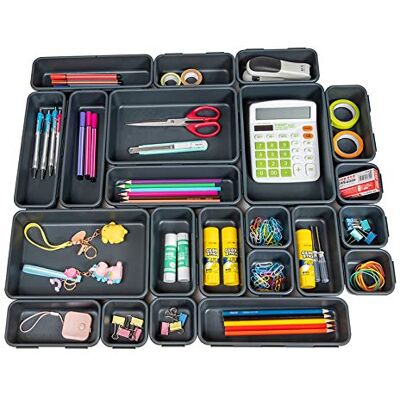 Backerysupply Set van 22 interlocking bureaulade organizer 4 verschillende maten lade zwarte lade verdelers opslag voor kantoor benodigdheden make-up badkamer Backerysupply Set van 22 interlocking bureaulade organizer 4 verschillende maten lade zwarte lade verdelers opslag voor kantoor benodigdheden make-up badkamer