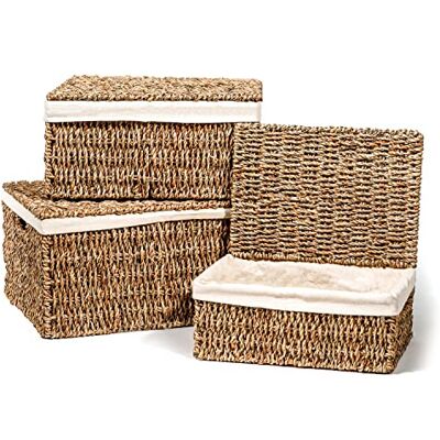 Trademark Innovations Set van 3 rechthoekige zeegrasmanden met deksels en verwijderbare stoffen voeringen van (Small) Trademark Innovations Set van 3 rechthoekige zeegrasmanden met deksels en verwijderbare stoffen voeringen van (Small)