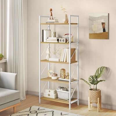 YITAHOME Boekenplank, boekenkast met 5 niveaus, hoge boekenplank met metalen frame, industrieel opbergrek, rekken voor woonkamer, slaapkamer, thuiskantoor, keuken, witte en eiken boekenplanken YITAHOME Boekenplank, boekenkast met 5 niveaus, hoge boekenplank met metalen frame, industrieel opbergrek, rekken voor woonkamer, slaapkamer, thuiskantoor, keuken, witte en eiken boekenplanken