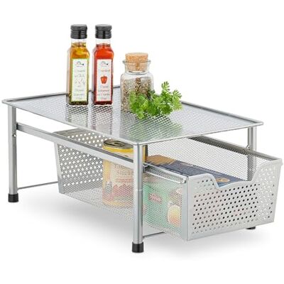 Relaxdays keuken organizer, stapelbare bureau-organizer, metaal, badkamer, schuifmand, HxBxD: 19 x 28 x 42,5 cm, zilver Relaxdays keuken organizer, stapelbare bureau-organizer, metaal, badkamer, schuifmand, HxBxD: 19 x 28 x 42,5 cm, zilver