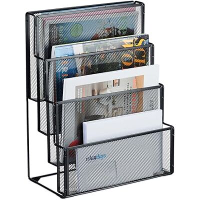 Relaxdays tijdschriftenrek staal, 4 vakken, brieven organizer bureau, H x B x D: ca. 43x33x18 cm, magazinehouder, zwart Relaxdays tijdschriftenrek staal, 4 vakken, brieven organizer bureau, H x B x D: ca. 43x33x18 cm, magazinehouder, zwart