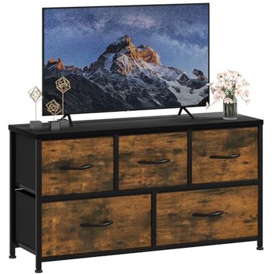 DWVO Commode, 5 stoffen laden slaapkamerkast, dressoir voor slaapkamer, woonkamer met handgrepen, houten bovenkant en stevig stalen frame, rustiek bruin DWVO Commode, 5 stoffen laden slaapkamerkast, dressoir voor slaapkamer, woonkamer met handgrepen, houten bovenkant en stevig stalen frame, rustiek bruin